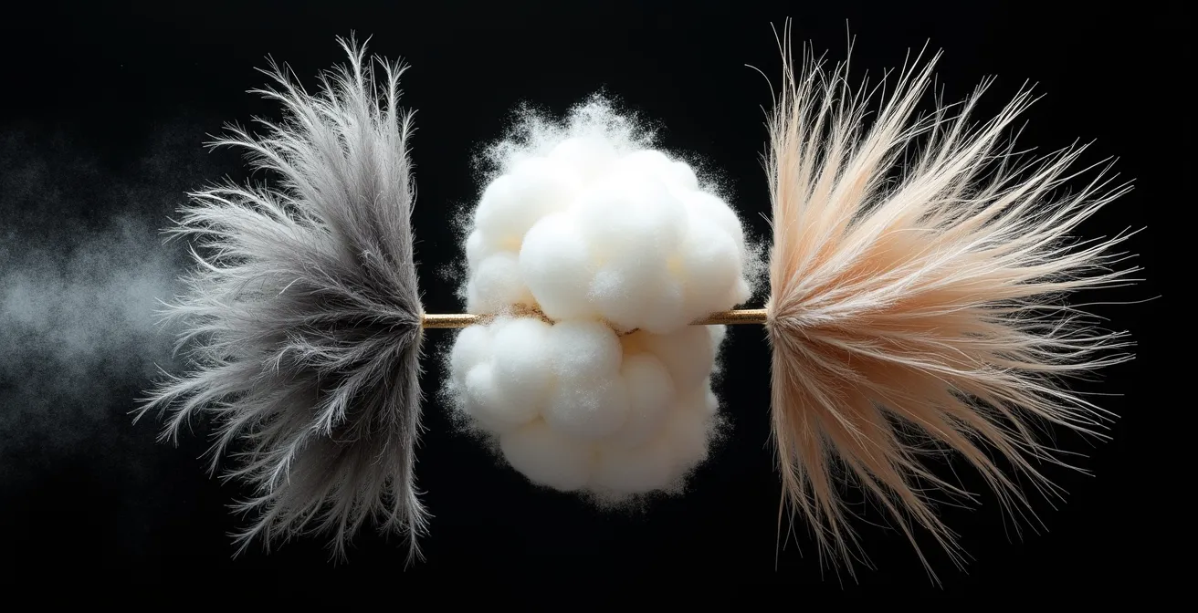 Comparaison visuelle de l'efficacité de capture de poussière entre microfibre, coton et plumeau