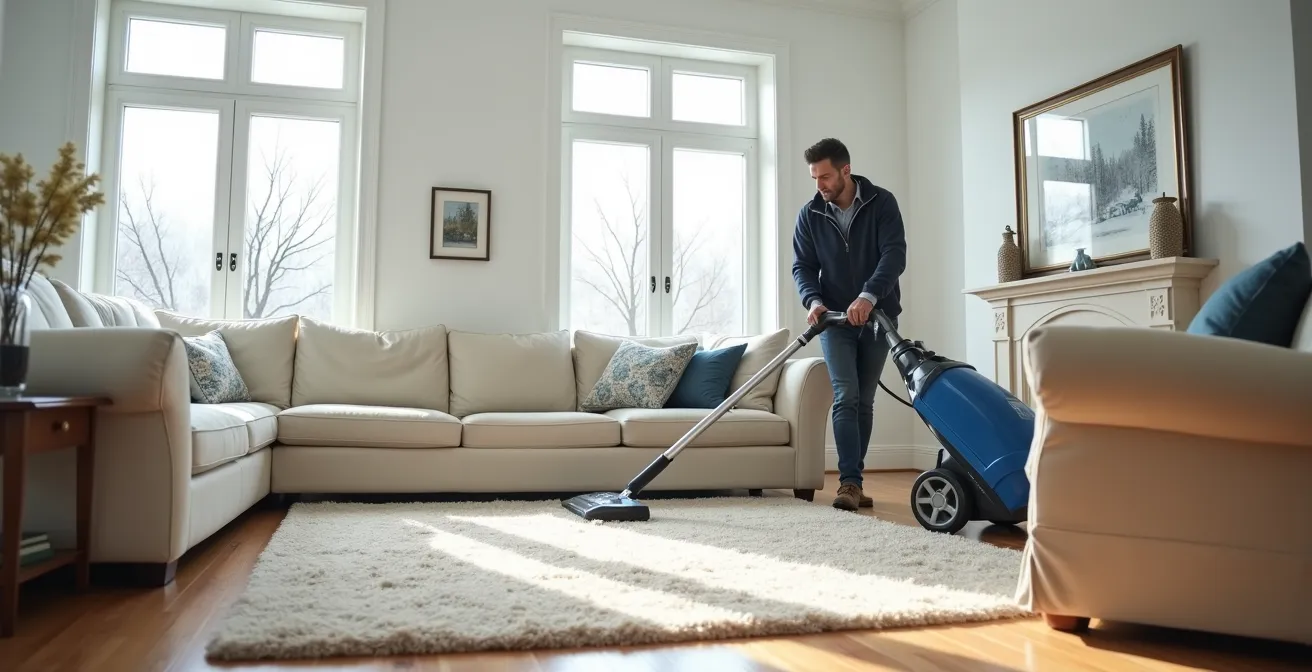 Vue large d'un salon québécois avec tapis en cours de nettoyage professionnel