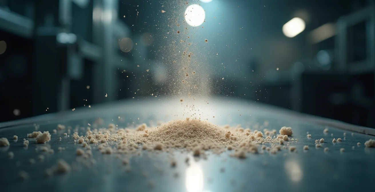 Gros plan sur des particules en suspension dans un environnement industriel alimentaire