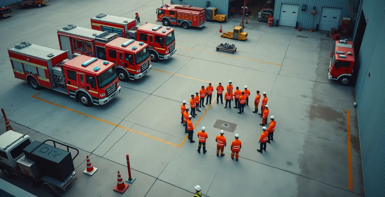 Vue aérienne d'un site industriel montrant les zones d'intervention d'urgence