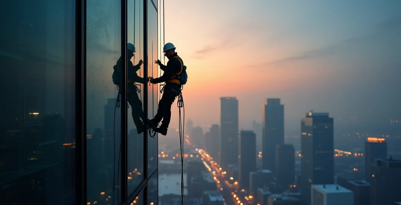 Cordiste professionnel descendant en rappel sur la façade vitrée d'un gratte-ciel du centre-ville de Montréal par temps hivernal