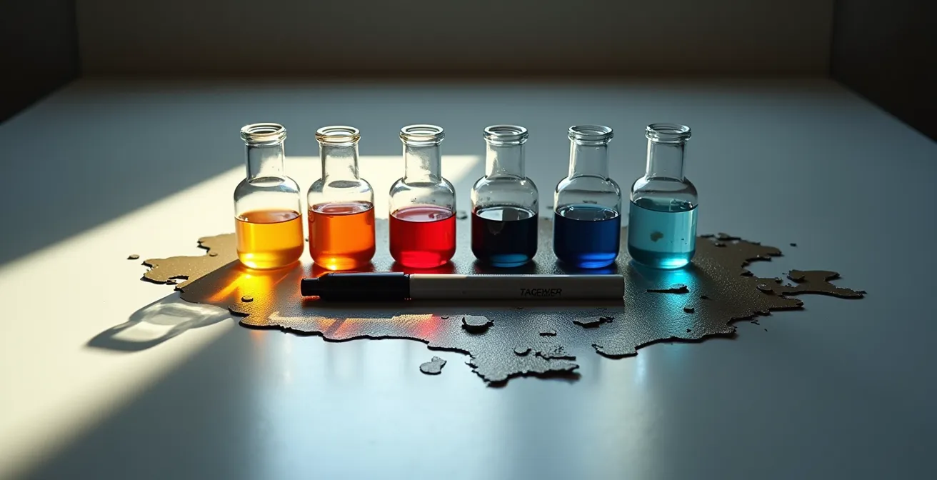 Composition symbolique montrant les dangers des produits chimiques sur le vinyle avec zones d'ombre et de lumière contrastées