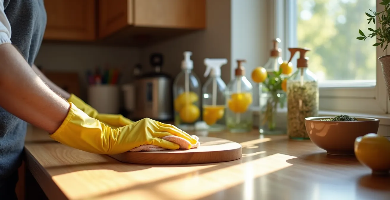 Personne nettoyant une surface de cuisine avec des produits naturels dans une maison québécoise ensoleillée