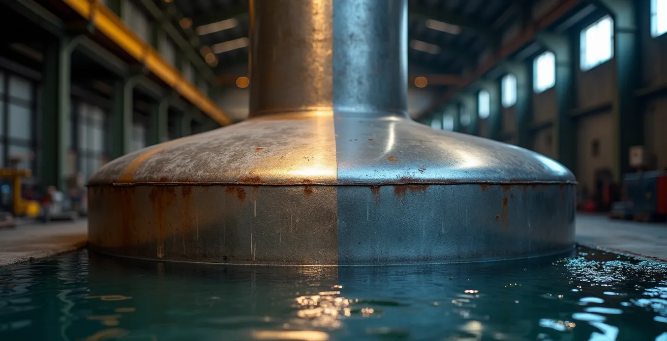 Processus d'électropolissage d'une cuve industrielle montrant la transformation de la surface métallique