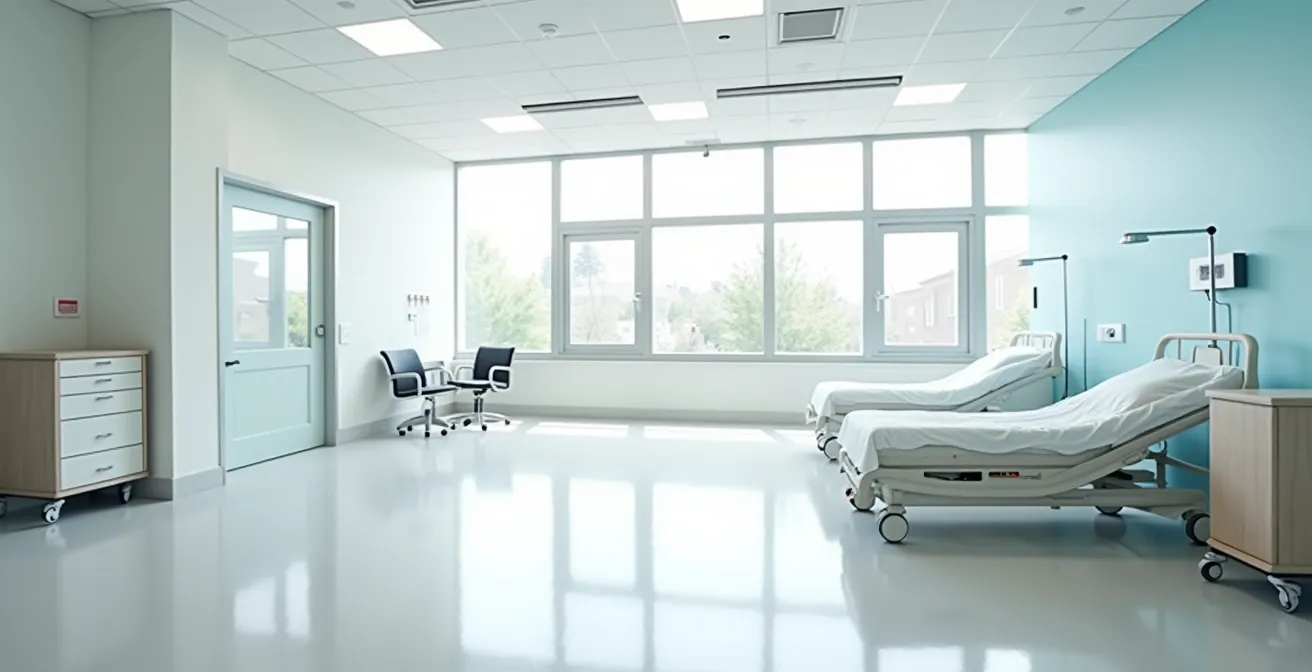 Vue minimaliste d'une chambre d'hôpital québécoise moderne avec lumière naturelle apaisante