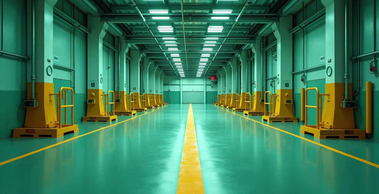 Vue d'ensemble d'un atelier industriel exemplaire avec allées dégagées et signalisation de sécurité