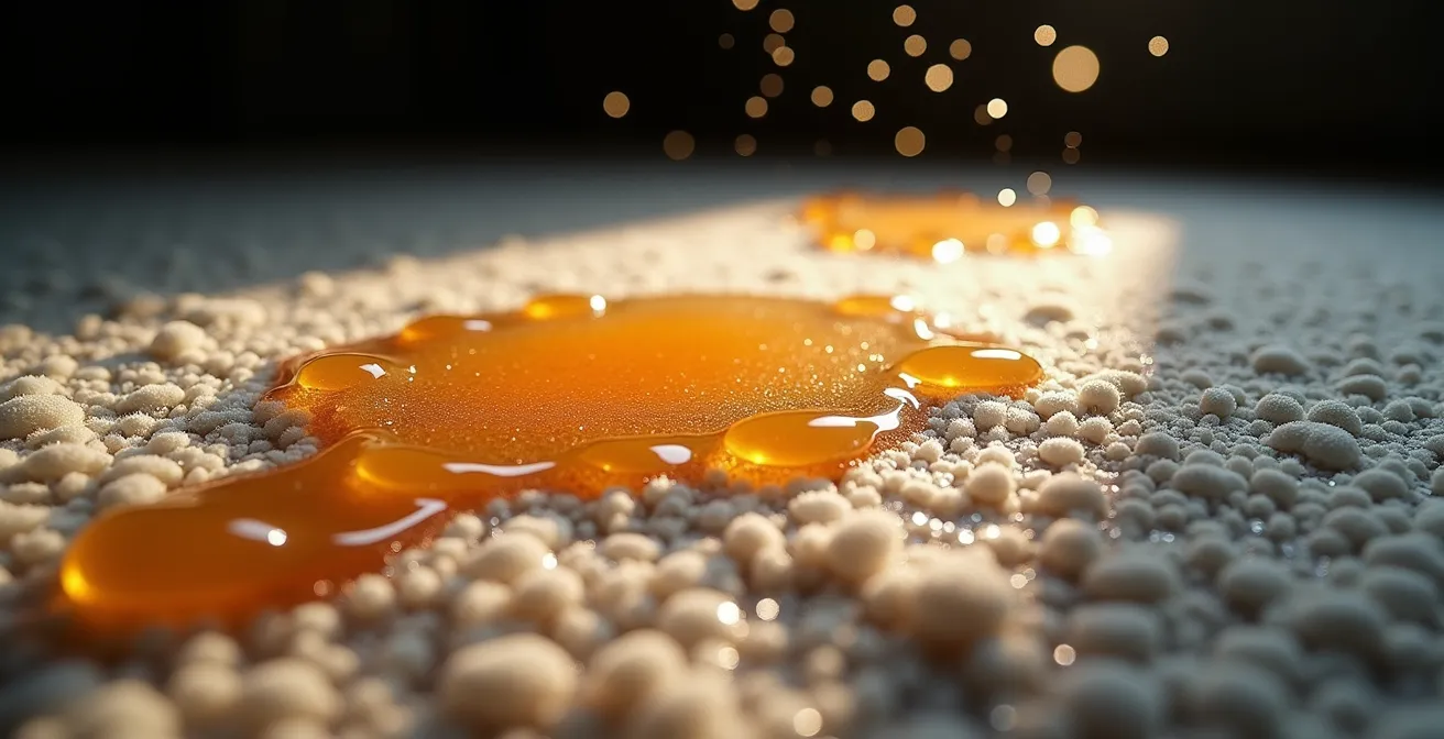 Gros plan symbolique sur fibres de tapis avec résidus de détergent créant un effet collant