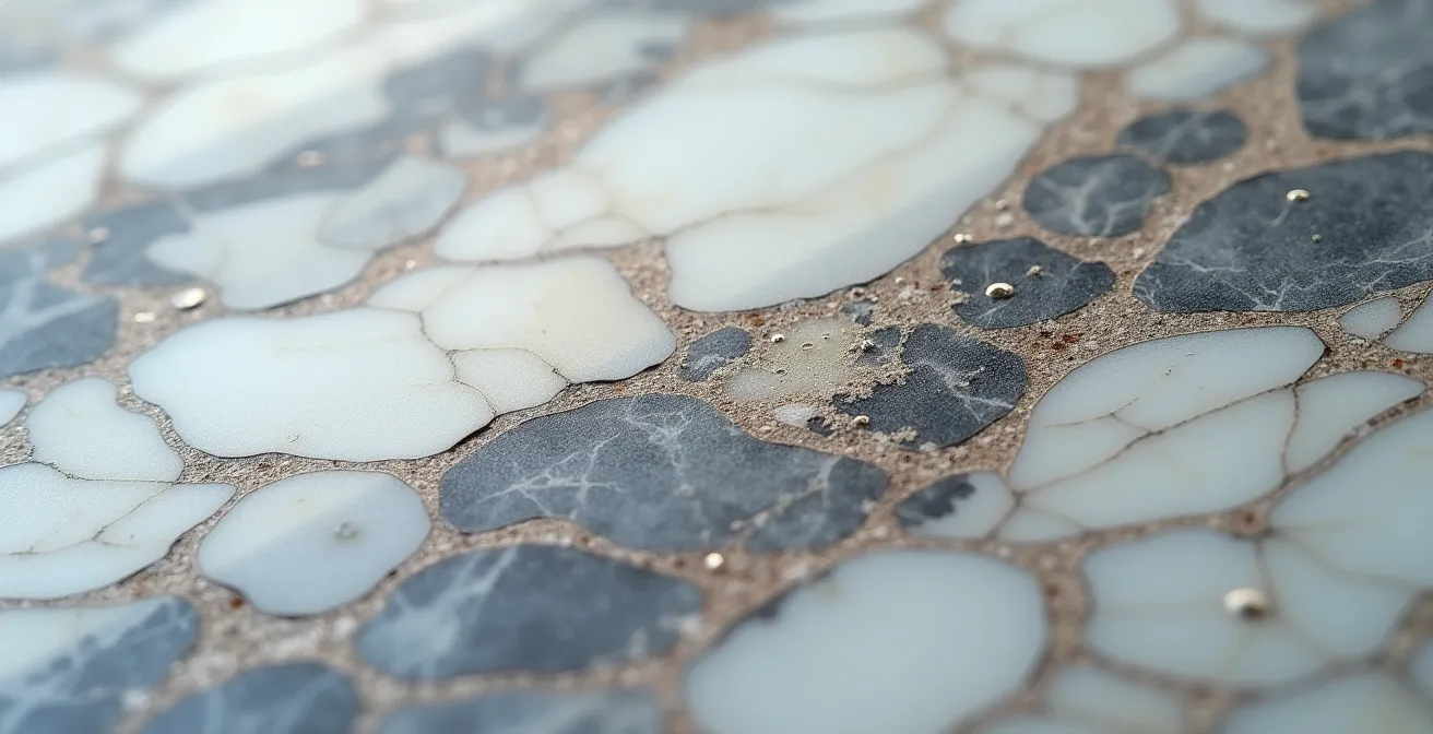 Détail macro d'une surface de marbre montrant les micro-rayures et l'altération de la brillance