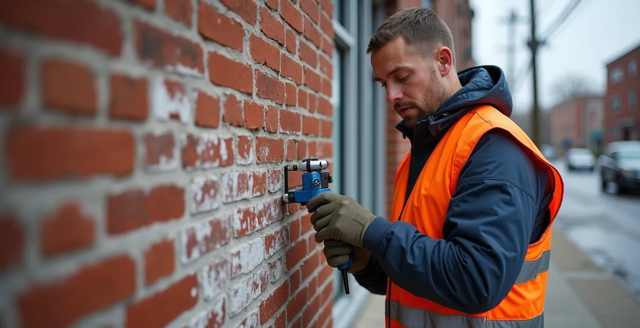 Détail d'une façade en brique rouge montréalaise montrant les traces blanches de sel de voirie et d'efflorescence typiques de l'hiver québécois