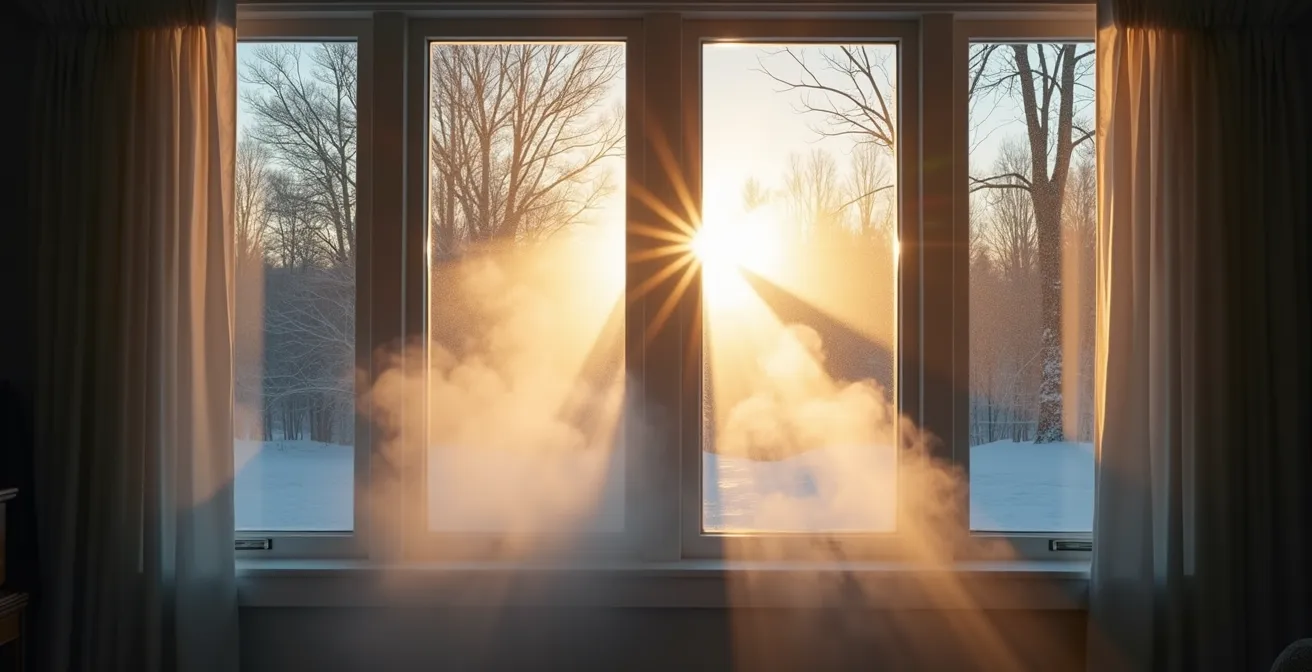 Courant d'air visible traversant une pièce par deux fenêtres ouvertes opposées en hiver