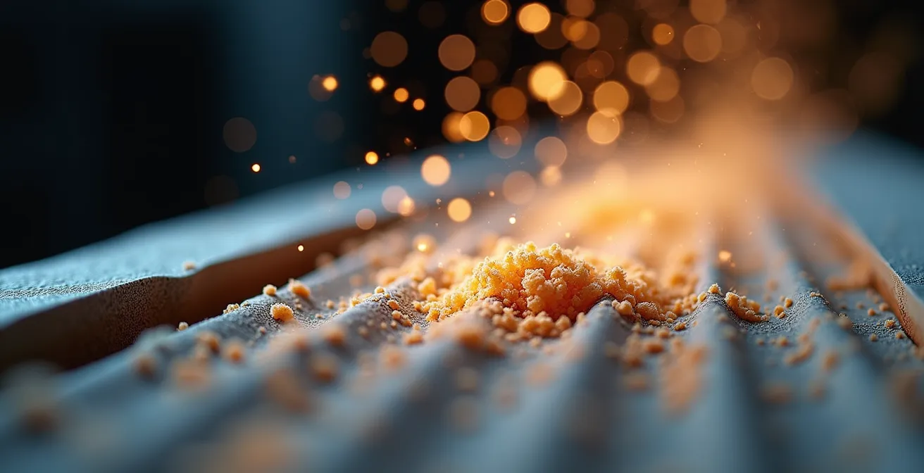 Gros plan macro sur un filtre HEPA capturant des particules de poussière de plâtre, montrant les fibres du filtre et les particules piégées