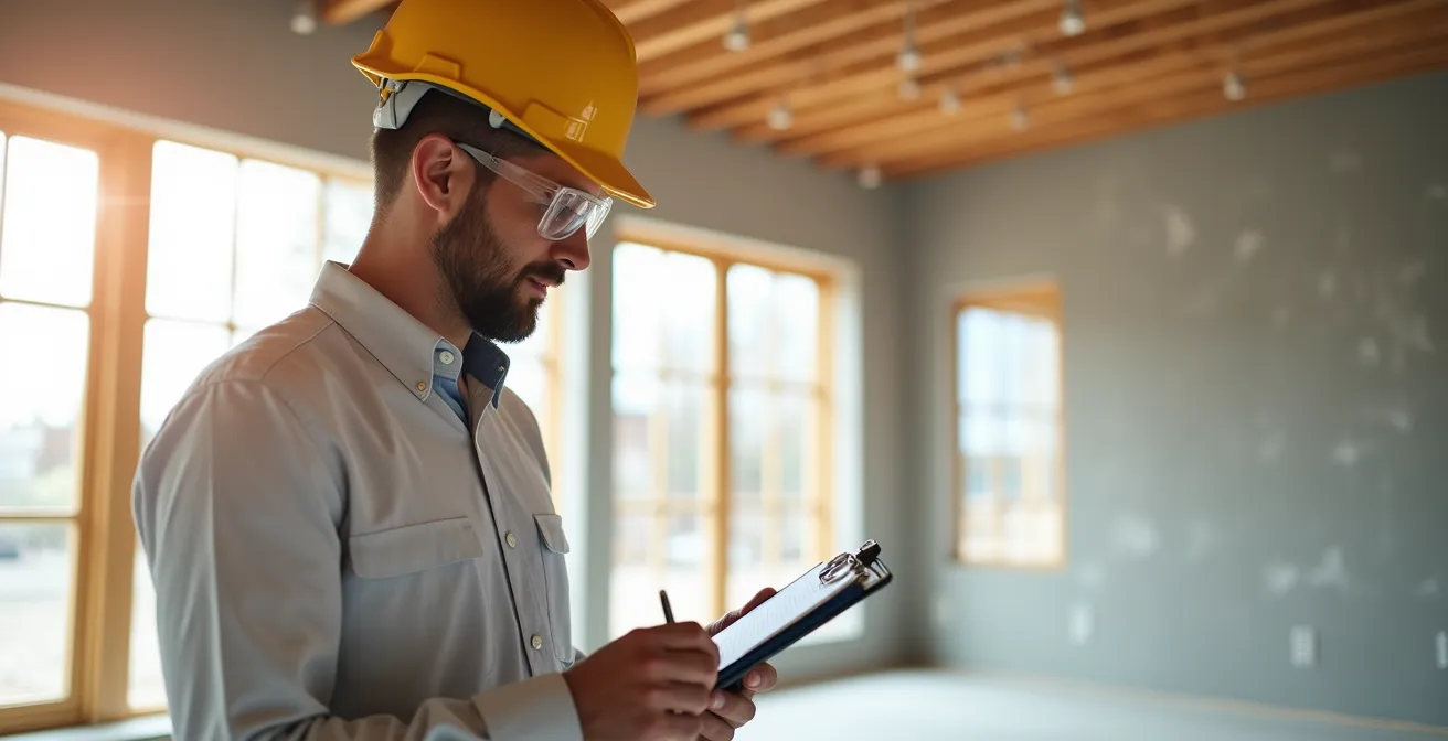 Professionnel effectuant une inspection finale d'un chantier nettoyé, avec checklist à la main dans un espace lumineux et épuré