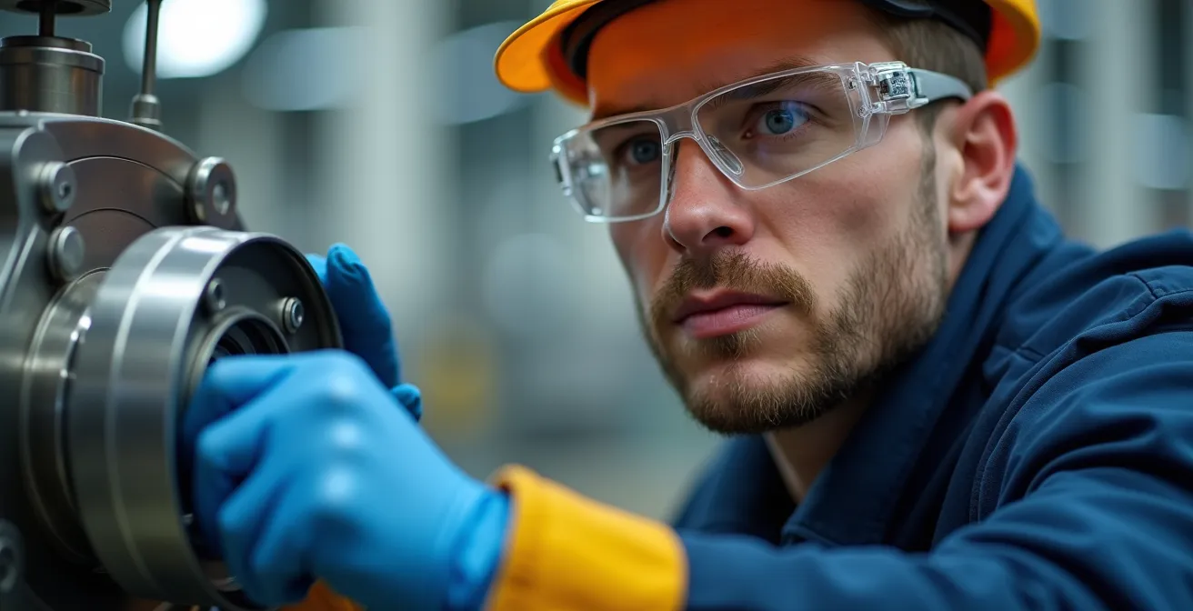 Technicien inspectant minutieusement une machine industrielle propre dans un atelier québécois