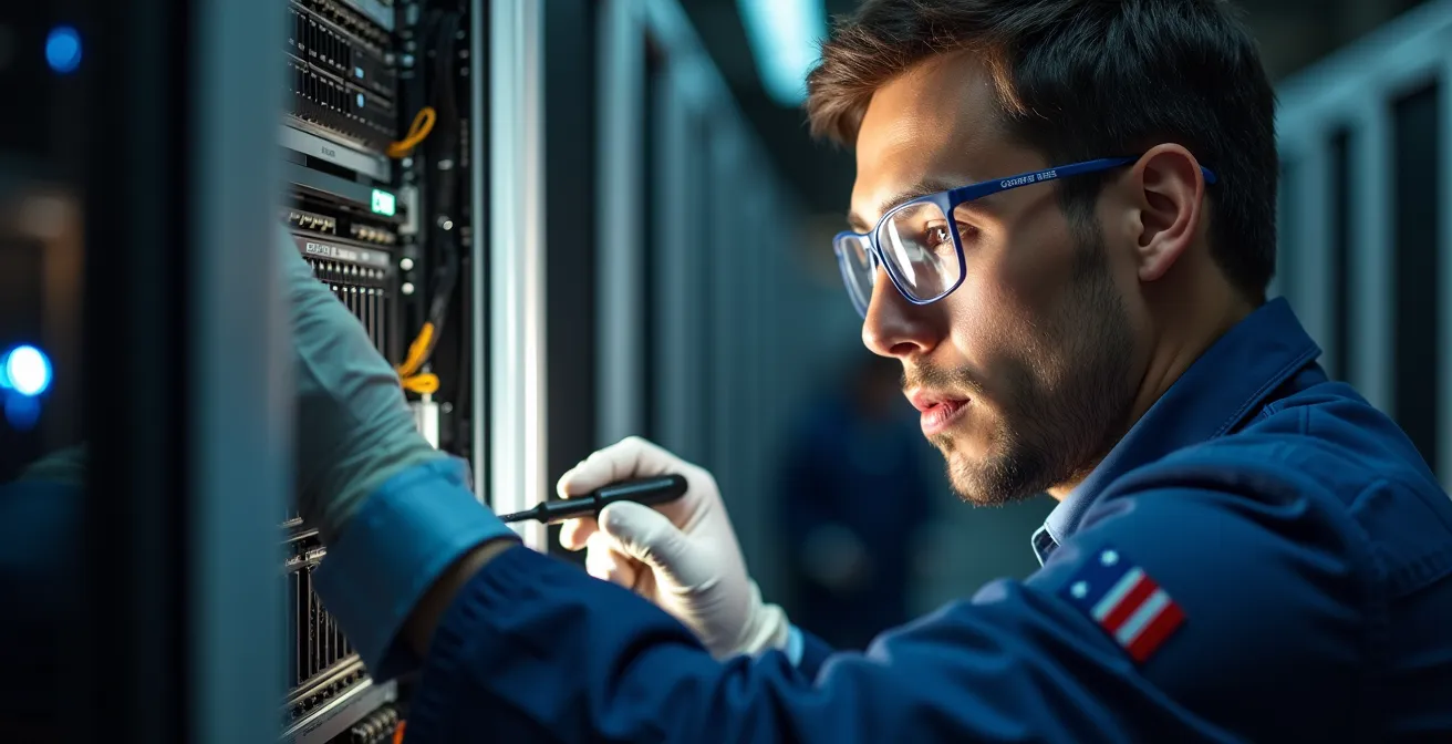 Portrait rapproché d'un technicien inspectant méticuleusement l'intérieur d'un serveur