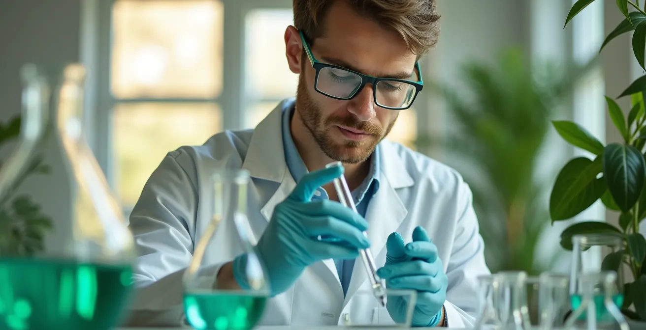 Laboratoire moderne avec plantes vertes et équipement scientifique pour le développement de produits écologiques