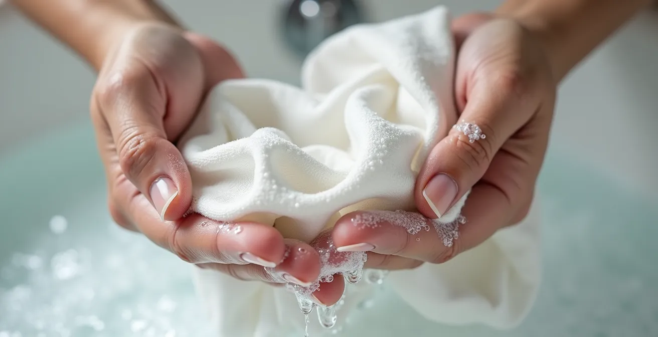 Mains délicates lavant des rideaux en lin dans une baignoire avec eau savonneuse