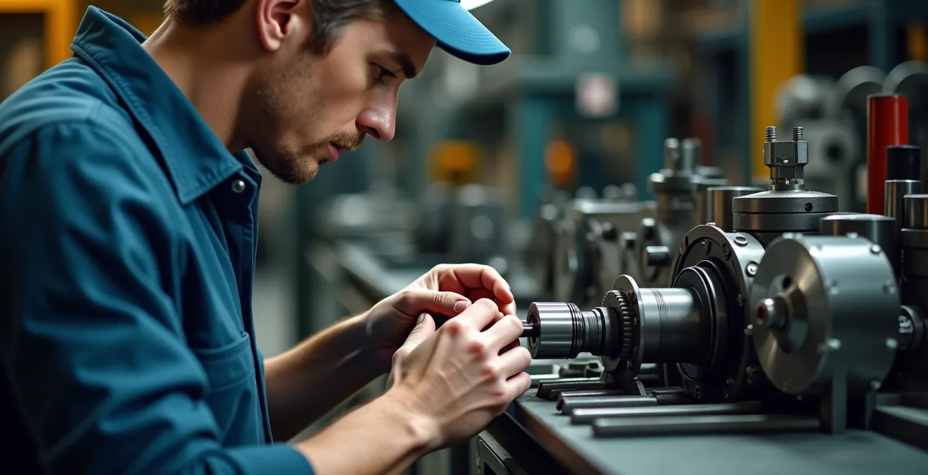 Technicien effectuant l'entretien minutieux d'une machine-outil industrielle