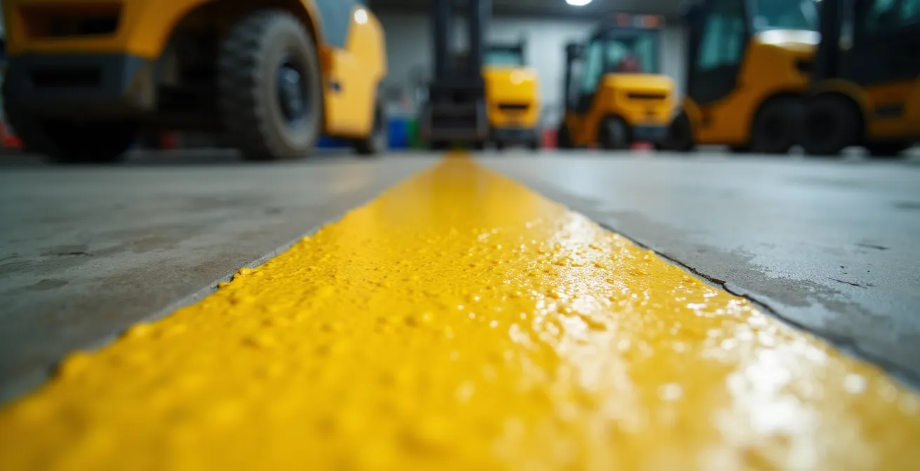 Gros plan sur un marquage au sol jaune vif fraîchement repeint dans un entrepôt