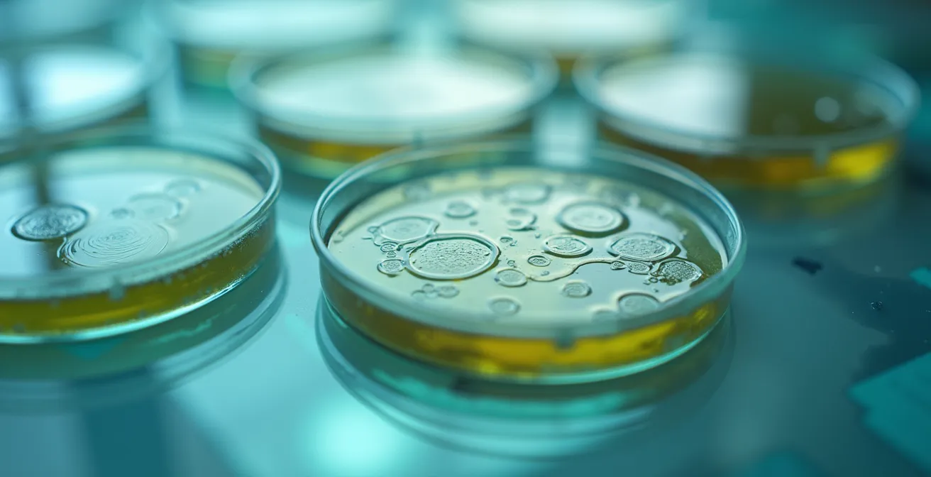 Vue microscopique de colonies bactériennes sur une boîte de Petri avec équipement de laboratoire