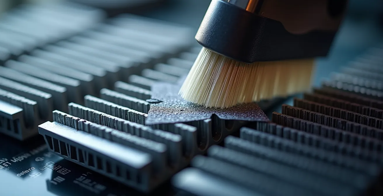 Vue macro d'un pinceau antistatique nettoyant délicatement les ailettes d'un dissipateur thermique
