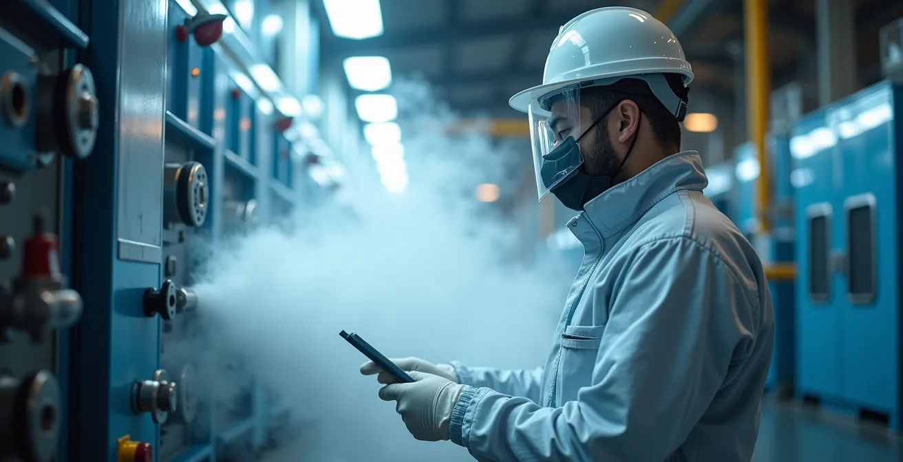 Opérateur effectuant un nettoyage cryogénique sur une machine industrielle avec projection de glace carbonique