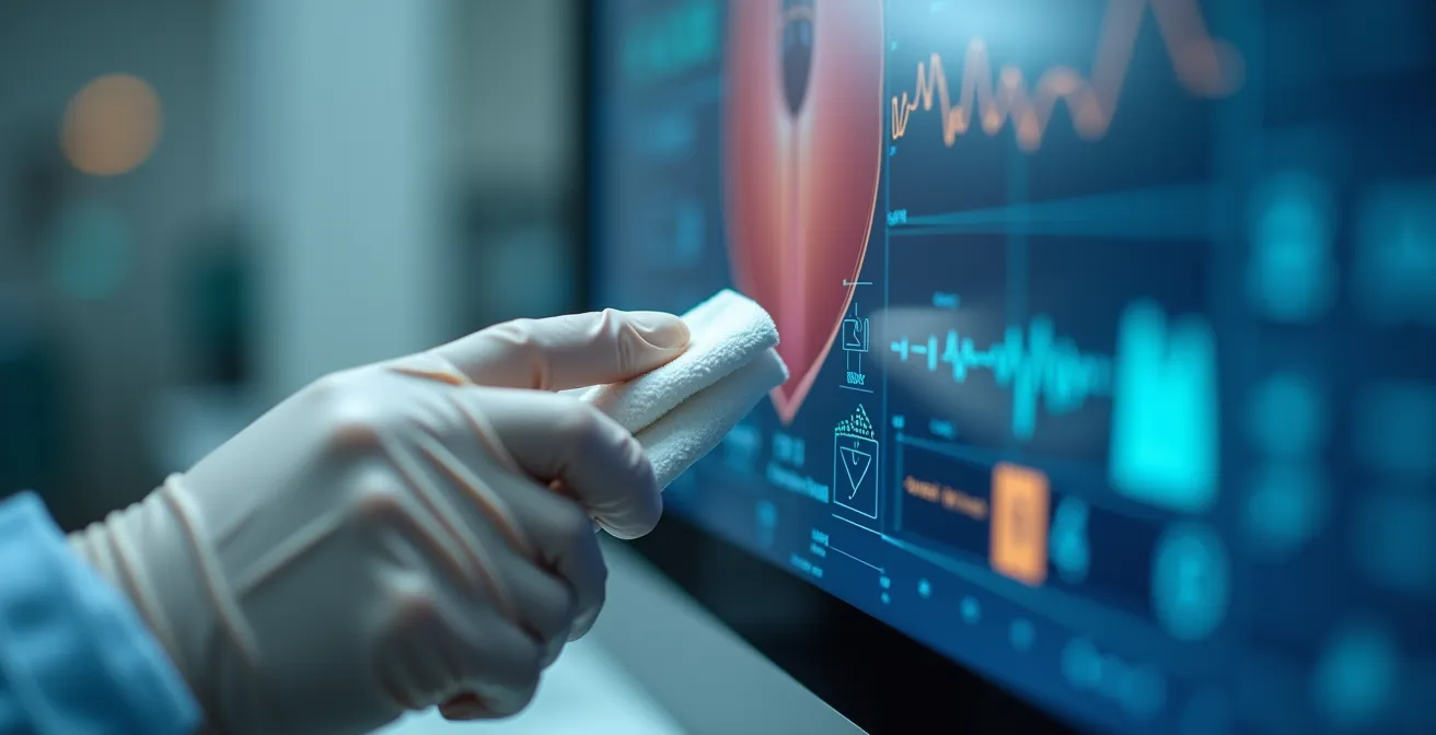 Main gantée nettoyant délicatement un écran médical avec une lingette spécialisée