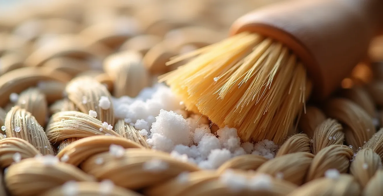 Gros plan sur les fibres naturelles d'un tapis en sisal avec une brosse douce en action et de la neige poudreuse visible