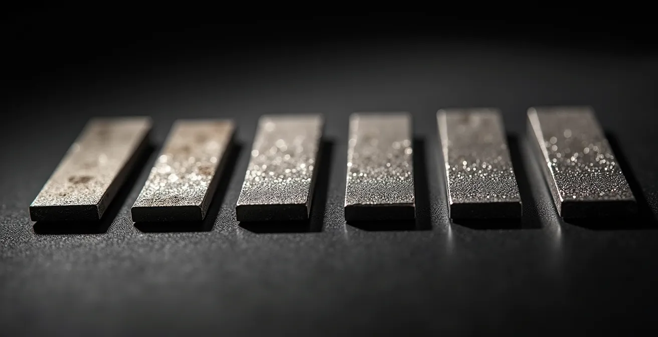 Progression visuelle des différentes étapes de polissage d'une pièce métallique du grain grossier au fini miroir