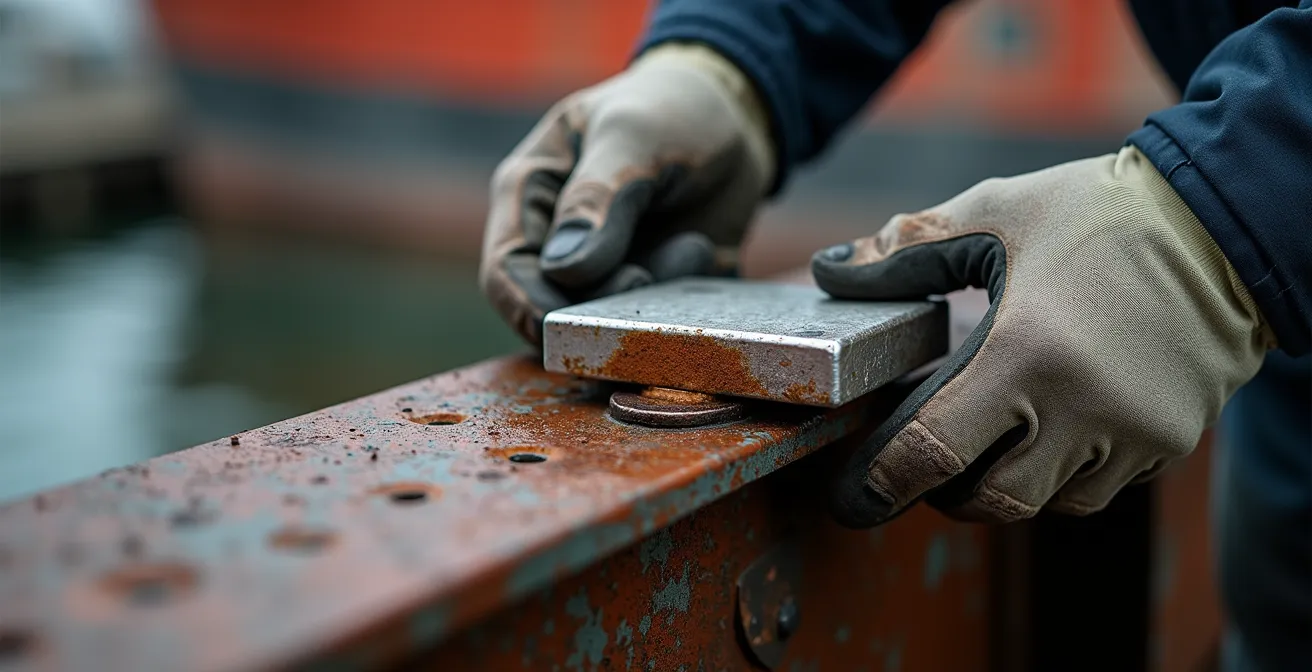 Anode sacrificielle en zinc installée sur une structure métallique pour la protection contre la corrosion