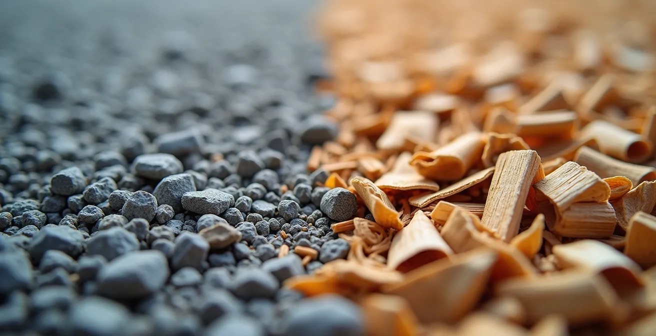 Vue macro de matériaux de construction recyclés montrant la texture du béton concassé et des copeaux de bois