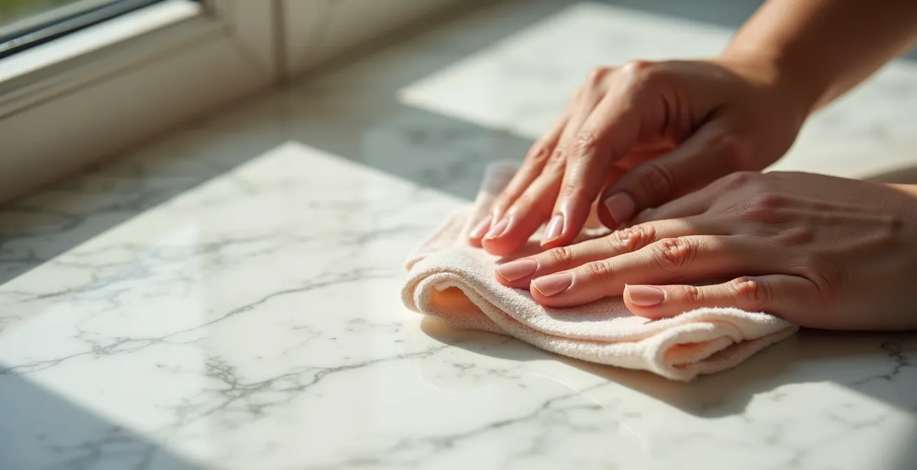 Mains expertes nettoyant délicatement une surface de marbre avec un chiffon doux
