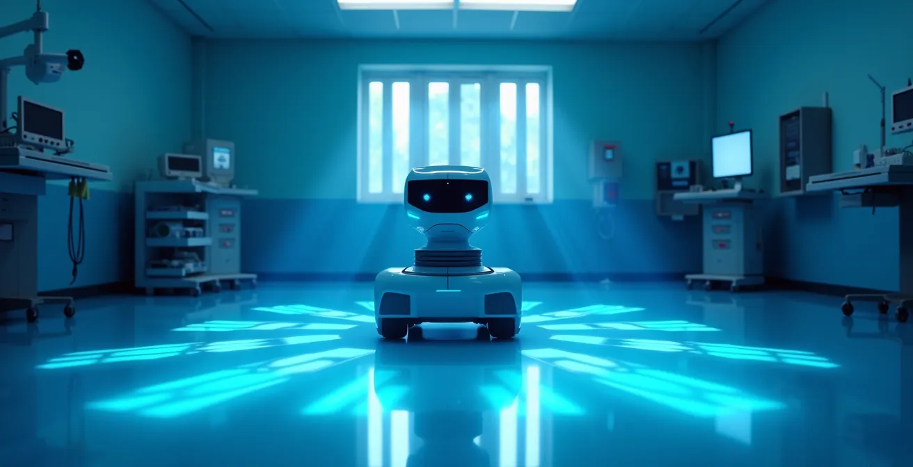 Robot autonome de désinfection UV-C dans une salle d'opération vide, projetant sa lumière germicide