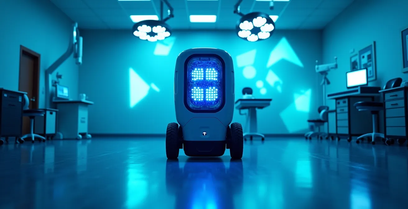 Robot de désinfection UV-C autonome en action dans un bloc opératoire québécois