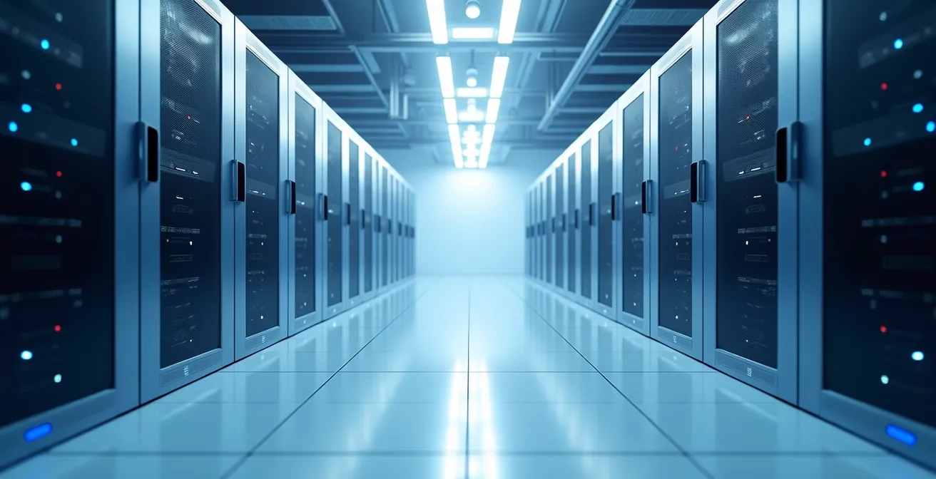 Vue grand angle d'une salle de serveurs immaculée avec rangées symétriques de baies et éclairage LED bleu