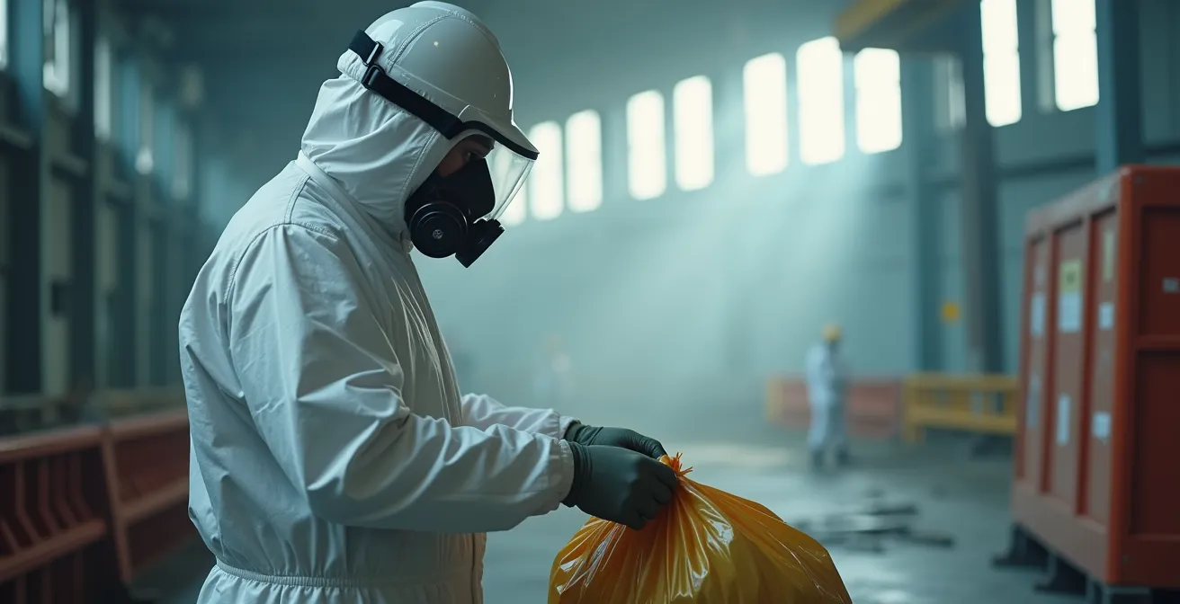 Travailleur en équipement de protection complet manipulant des matériaux dangereux sur un chantier
