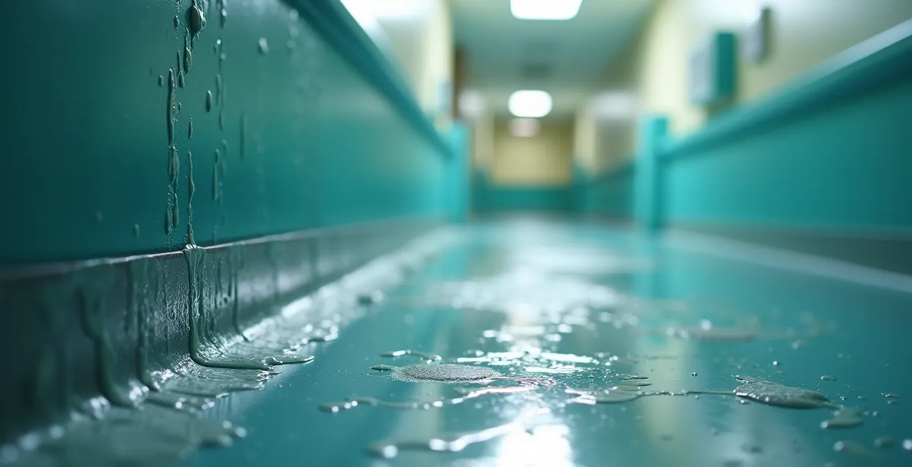 Gros plan montrant les résidus collants laissés par un surdosage de désinfectant sur une surface