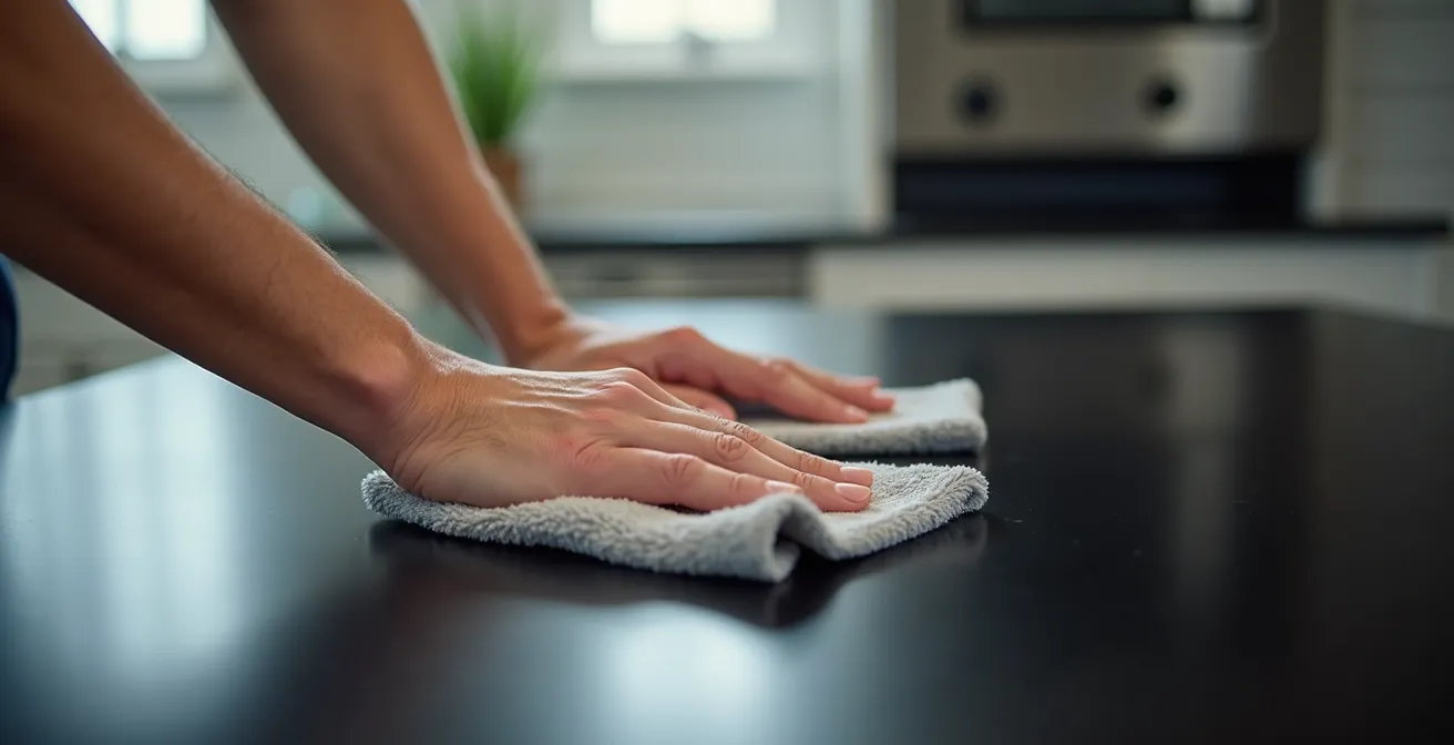 Vue latérale d'une personne appliquant la technique du double passage sur une surface mate noire avec deux chiffons différents