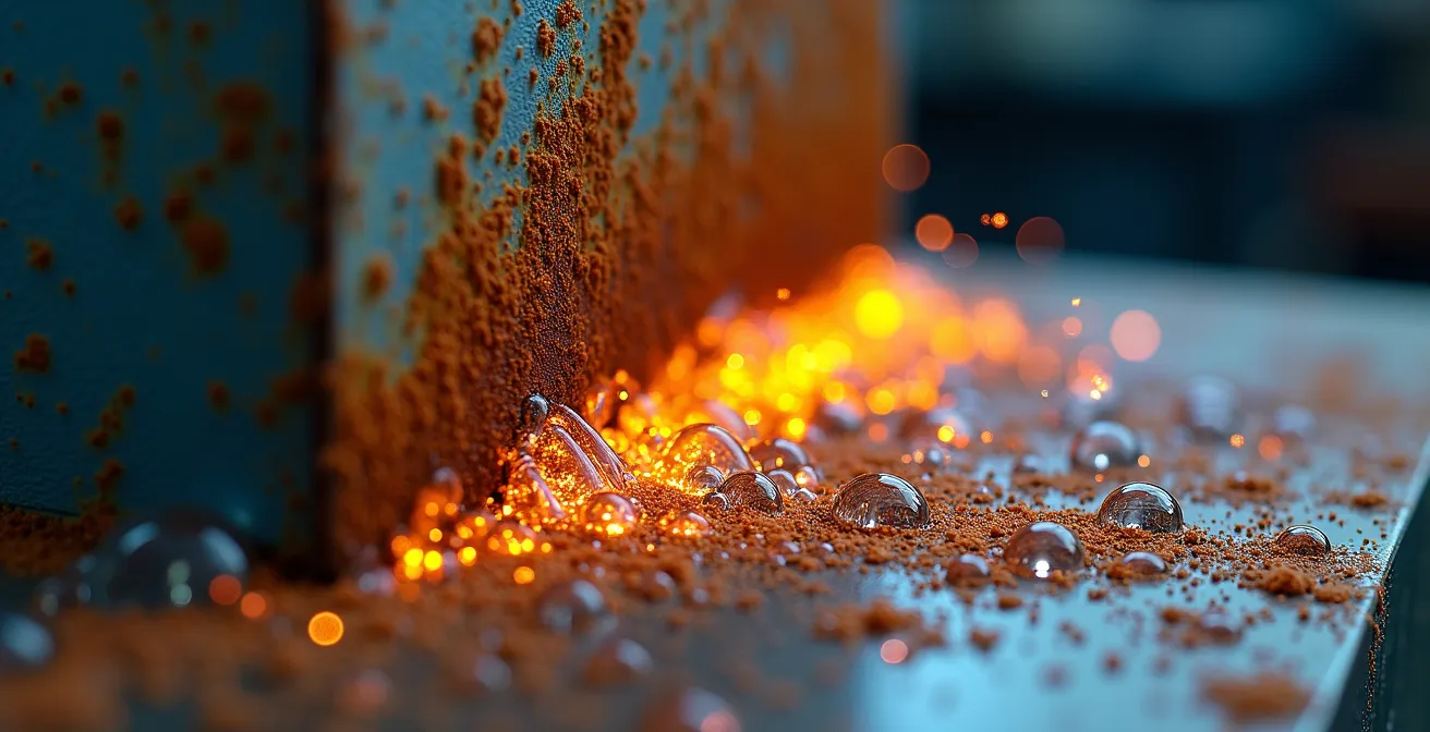 Démonstration du processus d'électrolyse pour enlever la rouille sur une pièce métallique