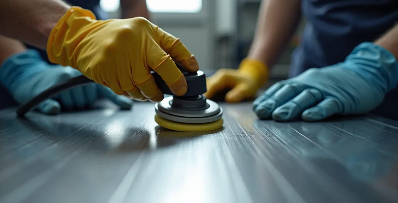 Démonstration de la technique d'entretien d'un métal brossé en suivant le sens du grain