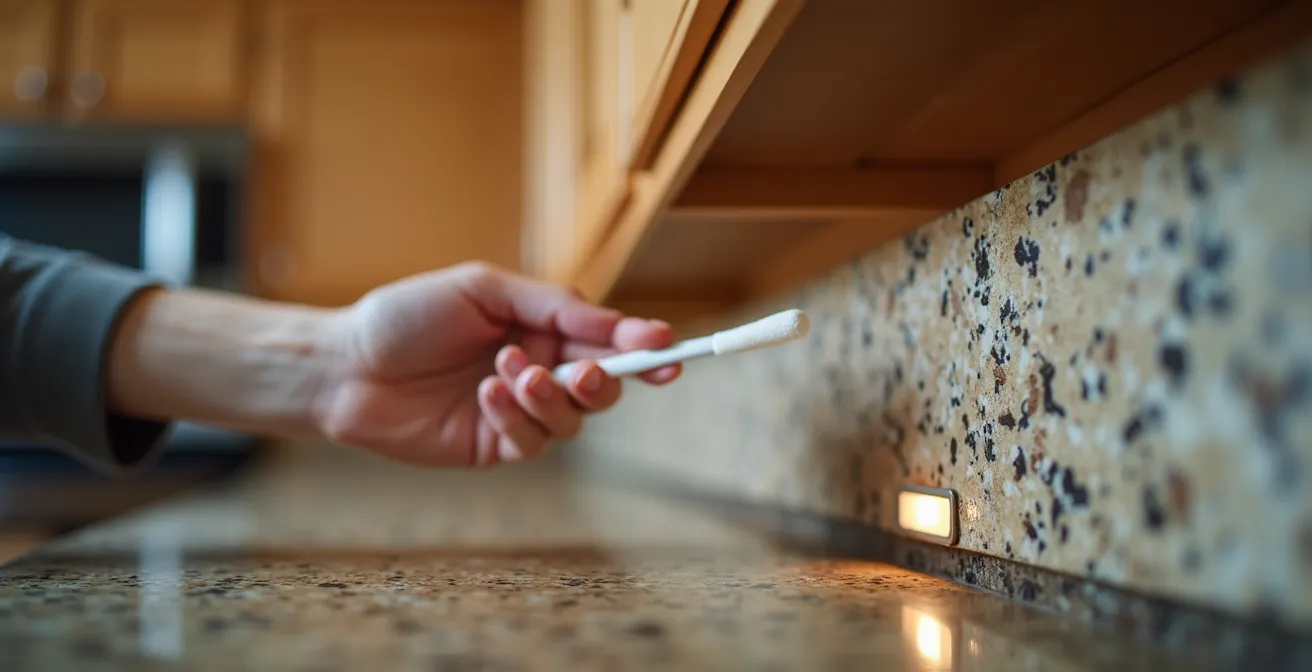 Vue rapprochée d'une main testant un produit sur le dessous d'un comptoir de granit dans une cuisine québécoise moderne