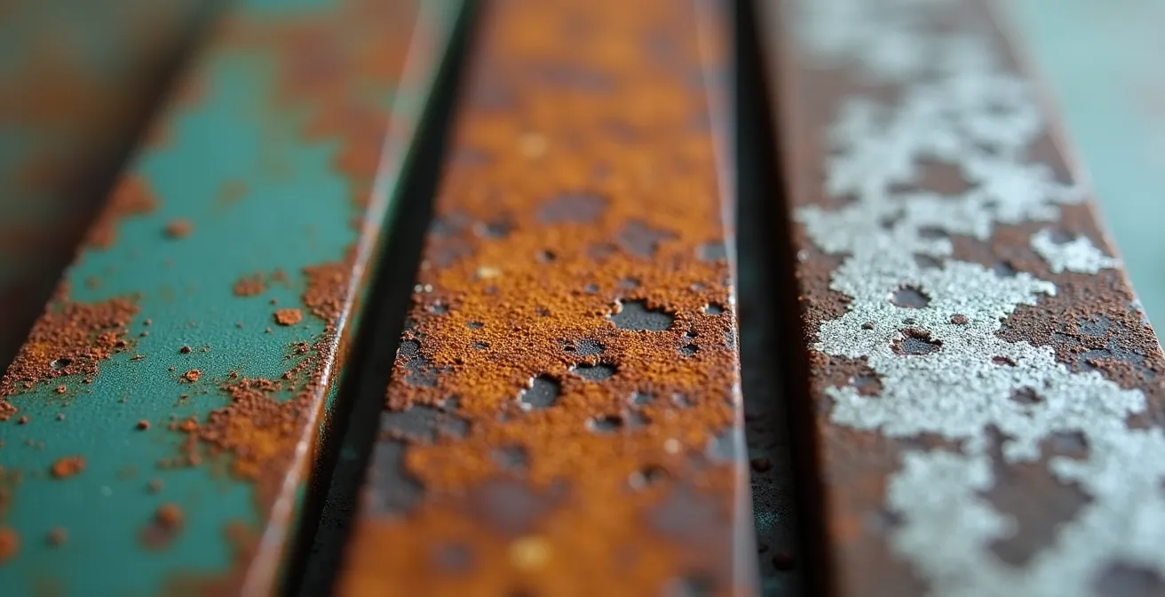 Comparaison visuelle des différents types de corrosion sur métaux : patine noble vs corrosion destructive