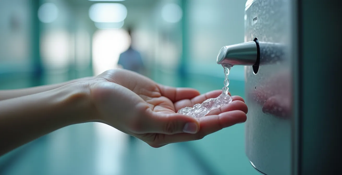 Gros plan macro sur des mains utilisant un distributeur de gel désinfectant à l'hôpital